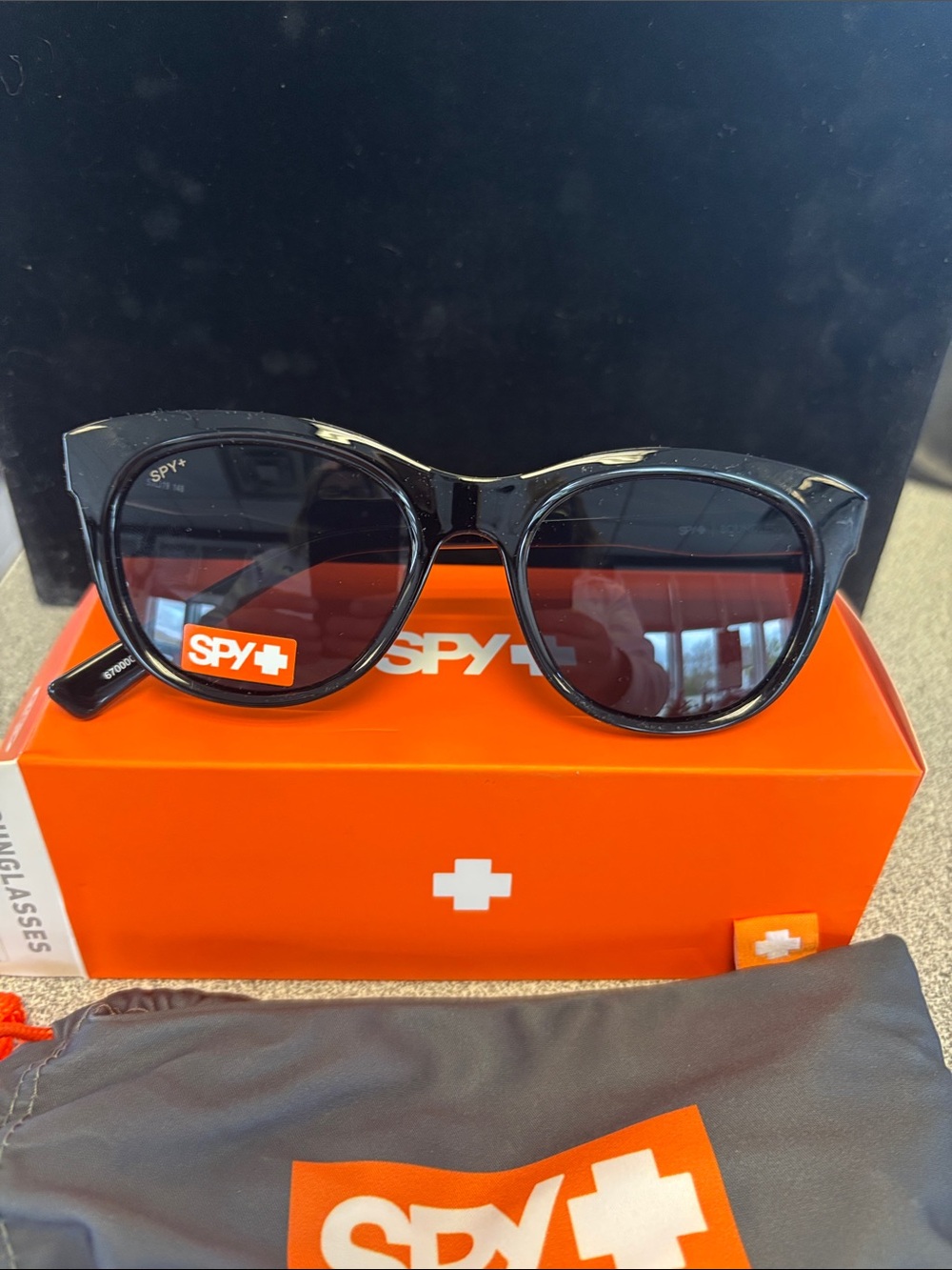 SPY Black Gloss Cat-Eye Sunglasses with Dark Smoke Lenses